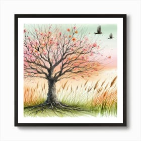 Watercolor Tree With Birds Art Print