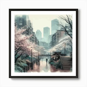 "Tokyo Rainfall" | Rainy, Umbrellas, Gloomy, Cityscape, Tokyo, Japan, Artwork, Wall Art, Watercolor, Aesthetic, Zen, Lofi, Anime Art Print