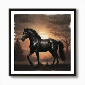 Black Horse At Sunset Art Print