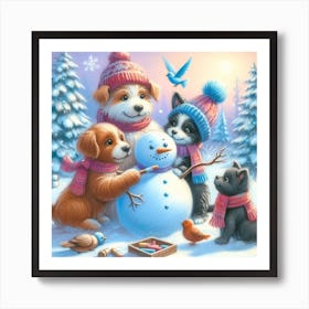 Snowman With Dogs Art Print