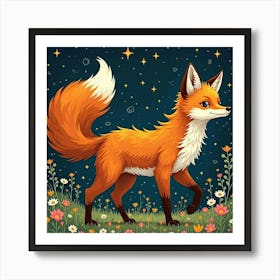 A Whimsical Fox With A Tail Of Swirling Star Patterns Prowling Through A Cosmic Meadow 1 Art Print