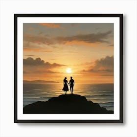 Couple On The Beach At Sunset art print Art Print