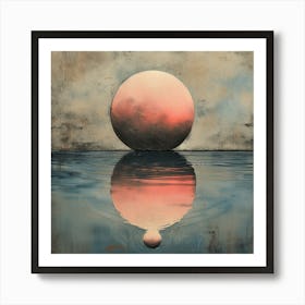 'Reflective Solitude', an artwork that captures the tranquil beauty of a solitary sphere and its reflection, evoking the quietude of a sunset over still waters. The textured backdrop and the sphere's gradient hues create a meditative focus point.  Tranquil Reflections, Sunset Sphere, Meditative Art.  #ReflectiveSolitude, #QuietudeArt, #SphereReflection.  'Reflective Solitude' is an art piece that invites contemplation and calm, perfect for creating an atmosphere of peace and introspection in any space. It's an ideal acquisition for collectors who appreciate the power of simplicity and the profound depth captured in minimalist expressions. Art Print