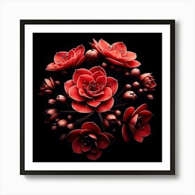 Red Flowers On Black Background Art Print