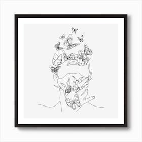 Woman face with butterfly one line drawing 1 Art Print