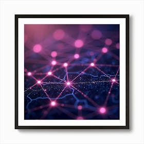 Digital Network Map With Glowing Nodes, Watercolor Background Of Purples 1 Art Print