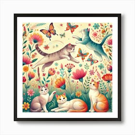 Playful Cats In A Whimsical Garden Printed Art A Delightful Illustration Of Playful Cats In A Vibrant Garden, Perfect For Bringing Joy And Charm To Any Cat Lover’S Space Printed Art Art Print