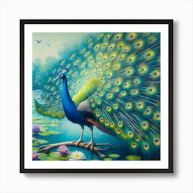 Peacock In Water Art Print