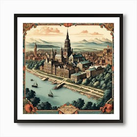 A Vintage Map, Of A Historic City With Ornate Borders And Labels art print Art Print