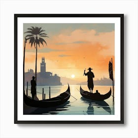 Boho art Silhouette of Gondola and Gondolier 5 Art Print