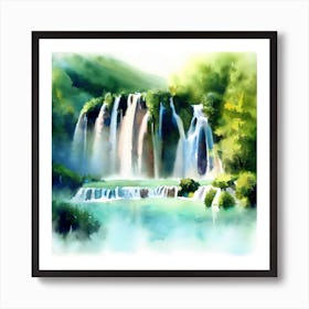 Waterfall Watercolor Painting, Plitvice Lakes National Park 2 Art Print