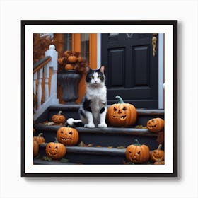 Halloween Cat Sitting On Steps 1 Art Print