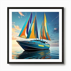 Futuristic Green Sailing Boat Cubism Style Art Print