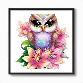 Owl With Flowers Art Print