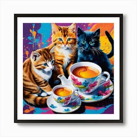 Three Kittens Drinking Tea Art Print