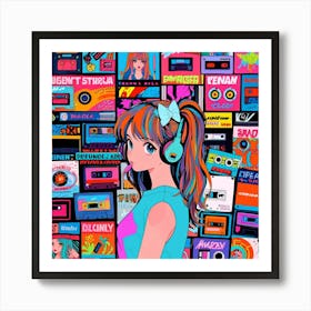 Anime Girl With Cassette Tapes Art Print