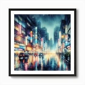 Rain Soaked Cityscape With Neon Lights Reflecting On Wet Pavement (1) Art Print