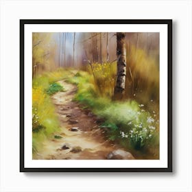 Path In The Woods.A dirt footpath in the forest. Spring season. Wild grasses on both ends of the path. Scattered rocks. Oil colors.27 Art Print