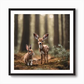 Deer And Rabbit in a forest Art Print