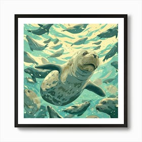 A Lot Of Elephant Seals Are Swimming In The Ocean Art Print