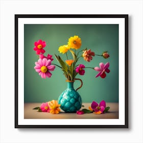 Abstract Flowers In A Blue Vase Art Print