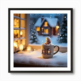 Macro Photo Of A Porcelain Cup Cradling A Miniature House Windows Aglow With Warm Lights Nestled A (1) Art Print