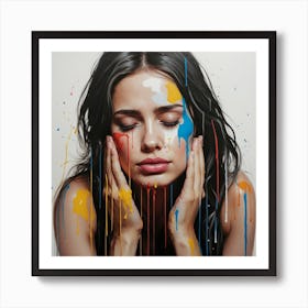 Portrait of a woman crying with tears of paint, glossy painting 3 Art Print