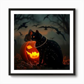 Black Cat By Halloween Pumpkin - Diverse Art Illustration 62 Art Print