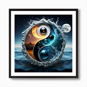 Yin Yang Wave Ocean Of The Universe With Moon An Art Print