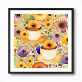 Gustav Klimt Watercolored  Coffee And Flowers Art Print