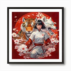 flowers Samurai Girl And Tiger wolf Art Print