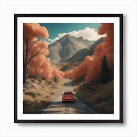 Red Car In The Mountains Art Print