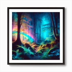 Magical Forest With A Neon Rainbow Art Print