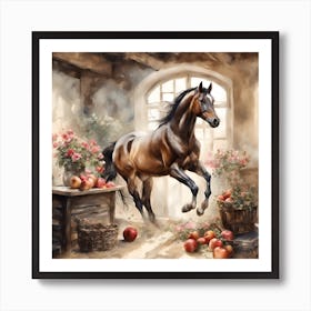 Highland Stable Horse Midst Blossoms and Apple Baskets Art Print