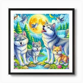Golden Moon Wolf Family Art Print