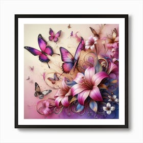 Butterflies And Lilies Art Print