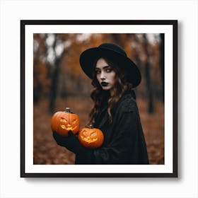 Witch Holding Pumpkins Art Print