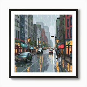 Rainy City Street, Design An Artwork Of A Bustling City Street In The Rain Art Print