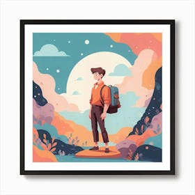 Boy With Backpack In The Mountains Art Print