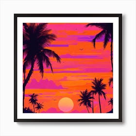 Sunset With Palm Trees Art Print