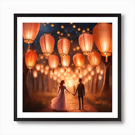 Couple Holding Lanterns In The Forest Art Print