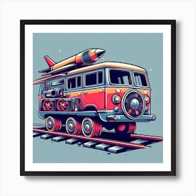 retro Bus With train wheels and Rocket Art Print