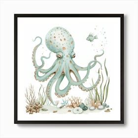 Storybook Style Octopus On The Ocean Floor With Aqua Marine Plants 3 Art Print