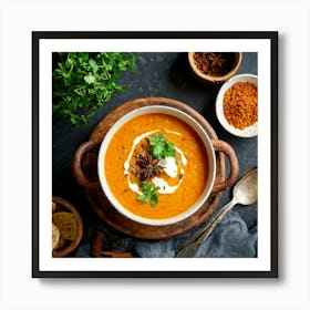 Autumn Pumpkin Curry Soup Simmering In A Traditional Clay Pot Steam Rising Surrounded By An Assort (1) Art Print