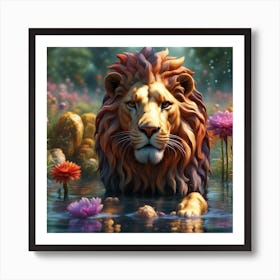 Lion In Water Art Print