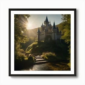Castle with sun rising behind Art Print