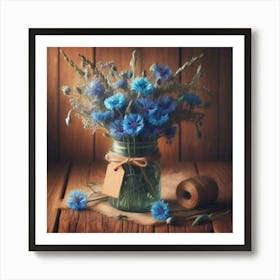 Blue Flowers In A Mason Jar 1 Art Print