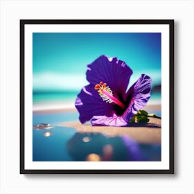 Blue Sea on the Beach with Purple Hibiscus Flower Art Print