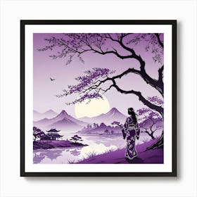 Chinese Landscape with Silhouette of Woman Under a Tree, Purple Art Print