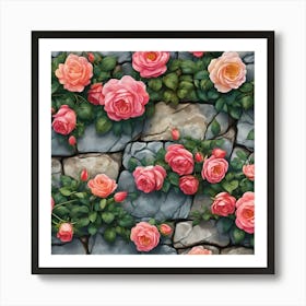 Pink Climbing Roses On Stone Wall Art Print